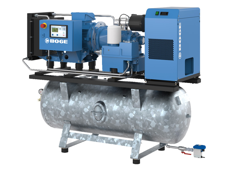 Oljesmord skruvkompressor med tank och kyltork från Boge