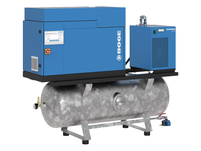 Oljesmord skruvkompressor med tank och kyltork från Boge